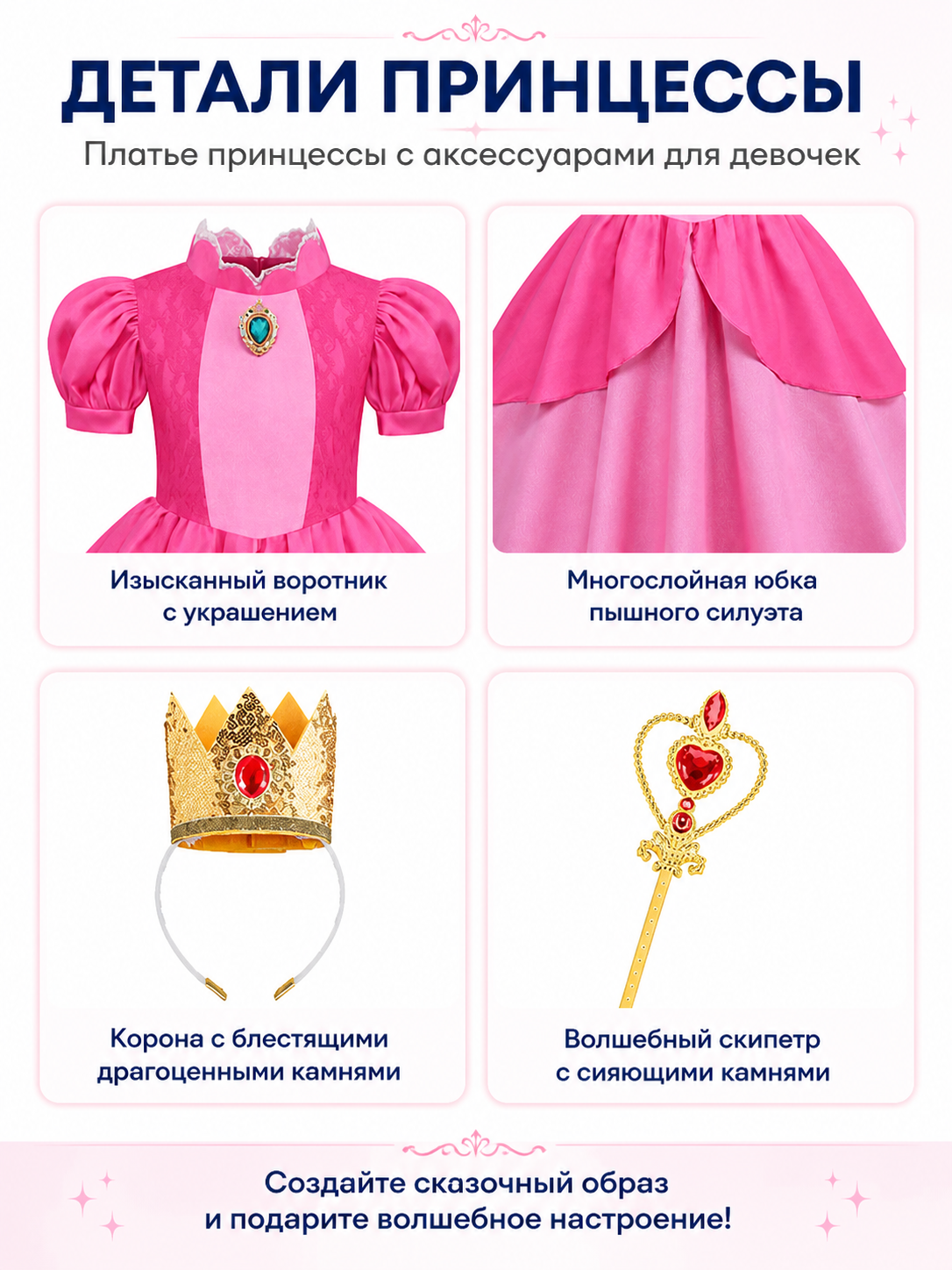 Pink Princess Costume with Crown and Scepter detail view