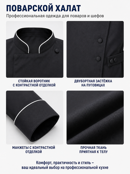 Long Black Robe with Stand Collar and White Trim detail view