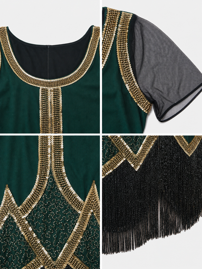 This fringed dress is designed in a vintage cocktail style, combining dark green