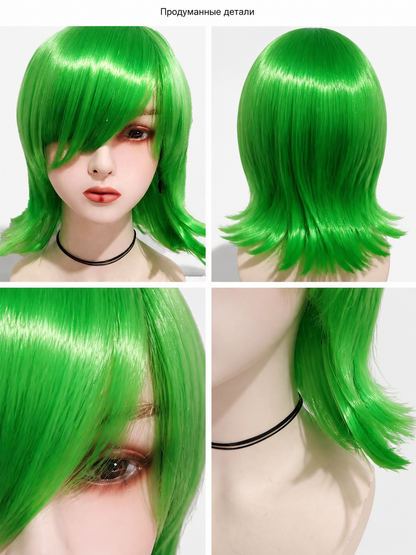 Bright Green Inside Out 2 Carnival Wig with Side-Swept Bangs detail view