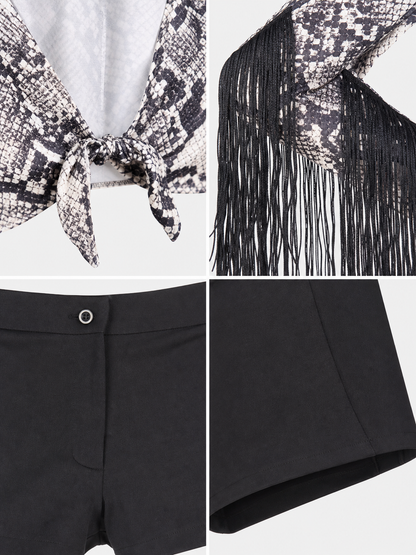Cropped Jacket with Snakeskin Print and Fringe