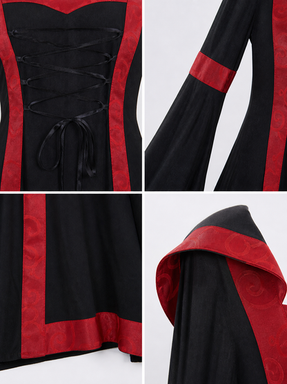 Gothic Vintage Hooded Dress with Lace-Up Detail