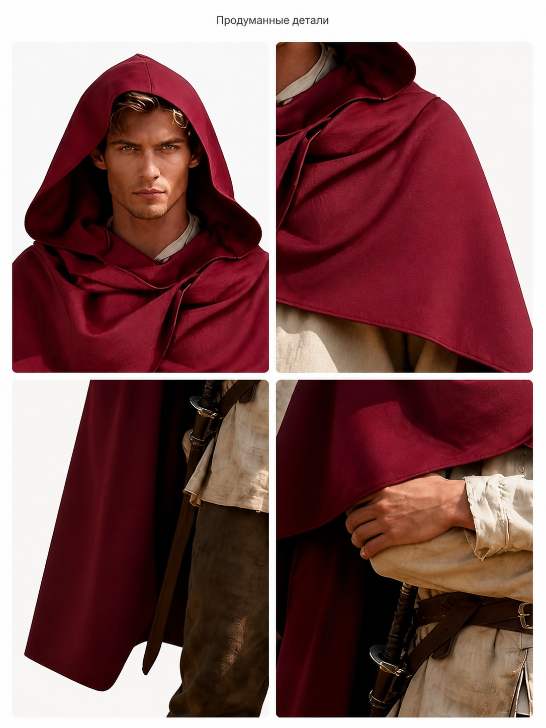Wine Red Hooded Costume Cape product view 50