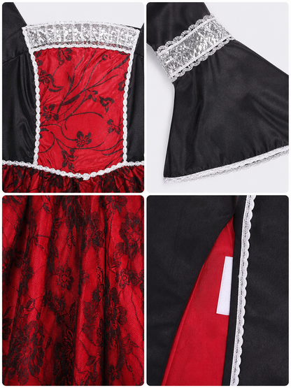 Red and Black Long Dress with Cape and Necklace