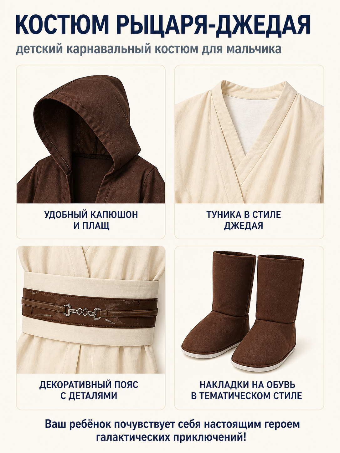 Children’s Jedi Costume with Hood and Cape detail view