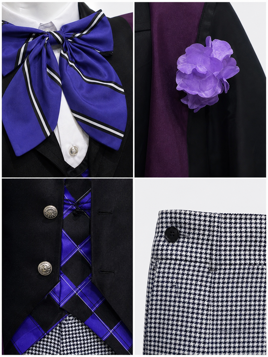 The set is styled after the character Gregory Violet and includes a jacket, vest, shirt, pants, bow tie, and lapel brooch. The look is built around layering: a black vest and black jacket are worn over a white shirt, complemented by an uppe