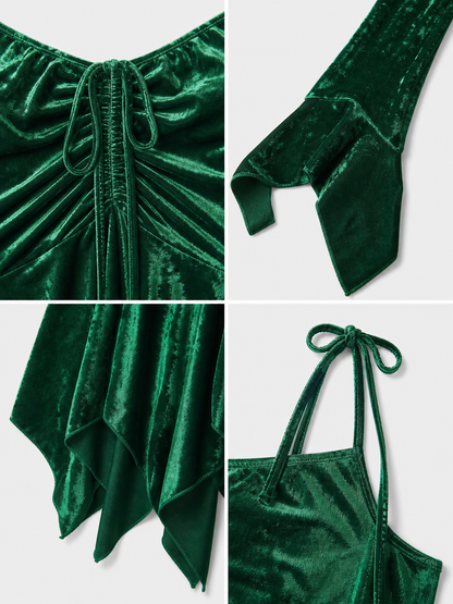 Emerald Green Mini Dress with a Velvet-Like Texture