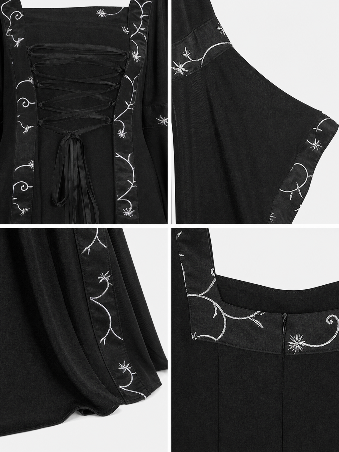 The dress is designed in a gothic style with elements of Victorian aesthetics. The model features a flared silhouette, a square neckline, and long sleeves with flared cuffs. The bodice is decorated with gathers that emphasize the garment’s 