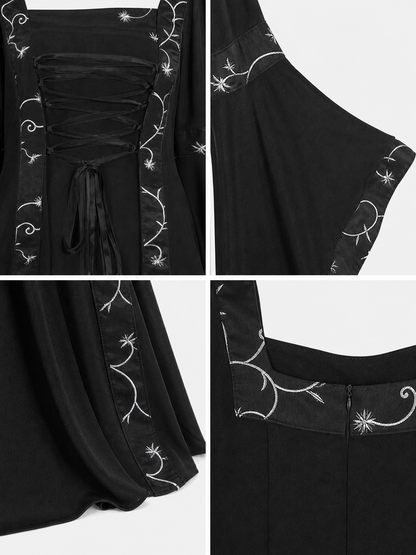 The dress is designed in a Gothic style with elements of Victorian aesthetics.