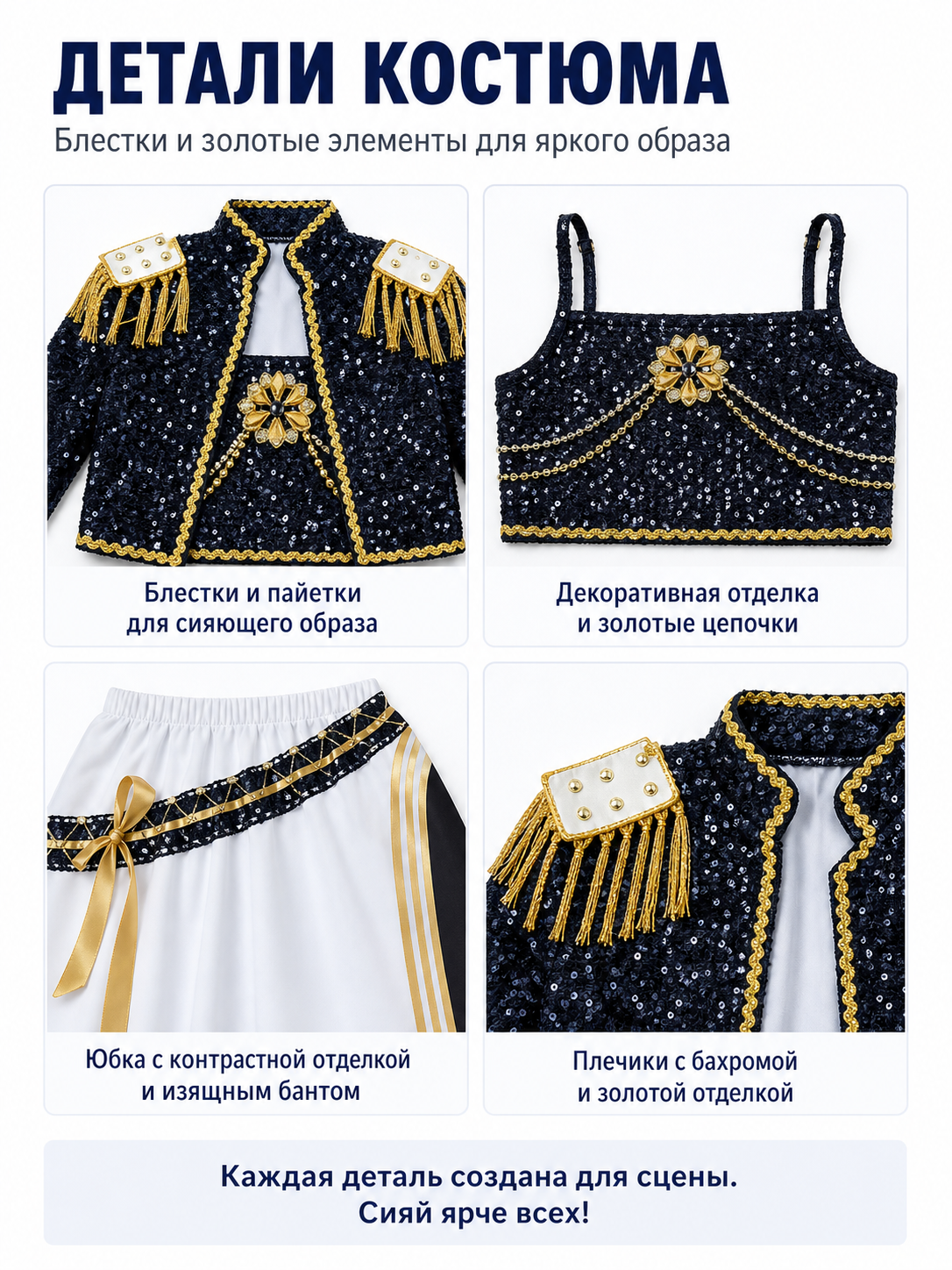 Sequin Stage Costume with Jacket, Top, and Skirt detail view