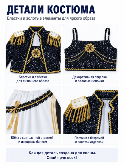 Sequin Stage Costume with Jacket, Top, and Skirt detail view