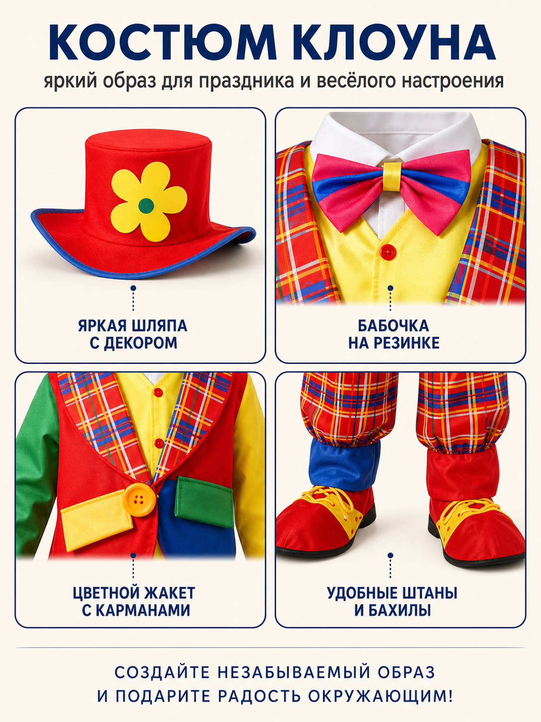Plaid Clown Costume with a Flower on the Hat detail view