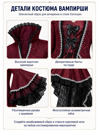 Vampire Costume with Voluminous Sleeves and an Asymmetrical Hem detail view