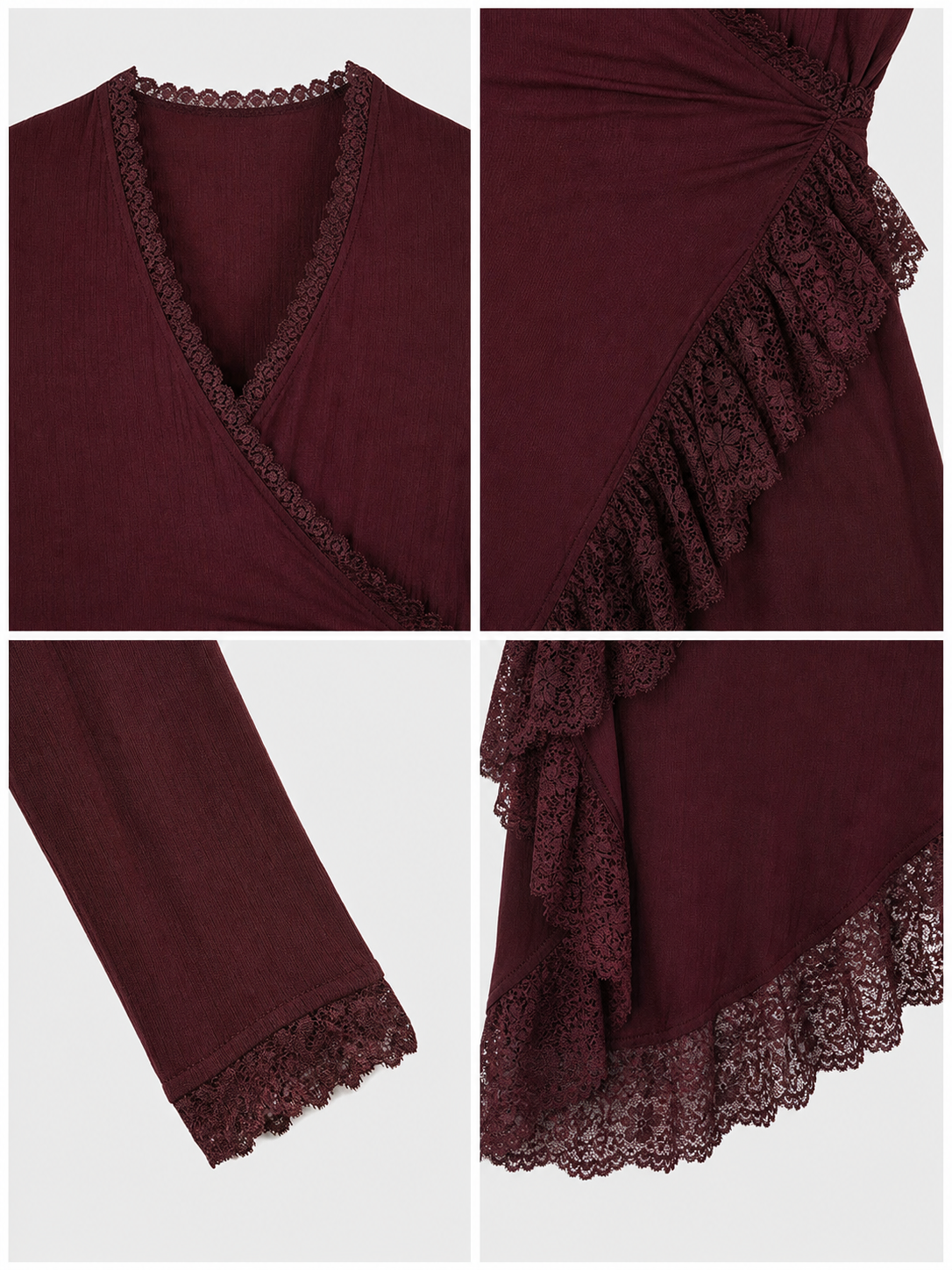 Burgundy Dress with a Deep V-Neckline and Lace Trim