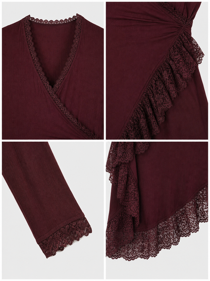Burgundy Dress with a Deep V-Neckline and Lace Trim