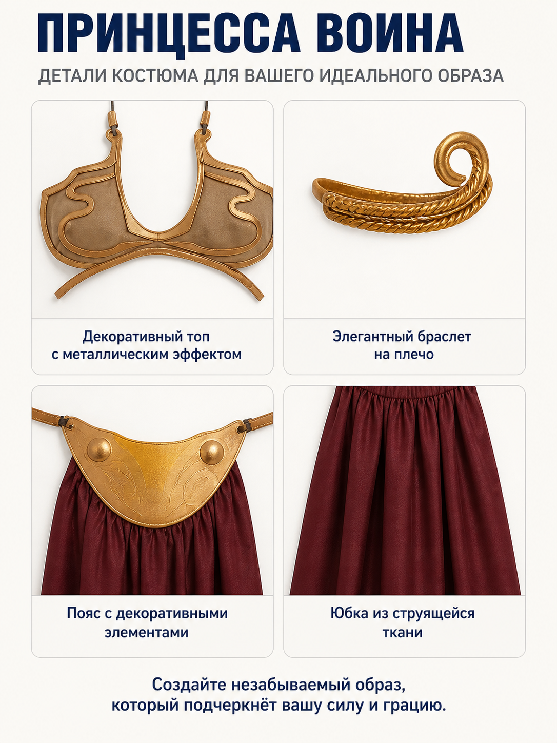 Burgundy and Gold Halloween Cosplay Costume with Skirt detail view