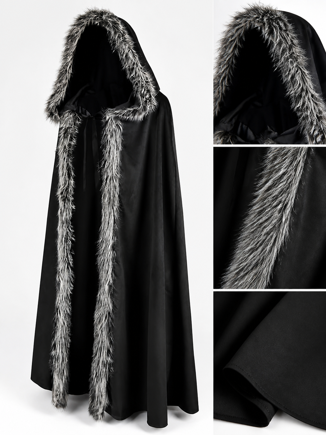 Black hooded costume cloak with fur trim