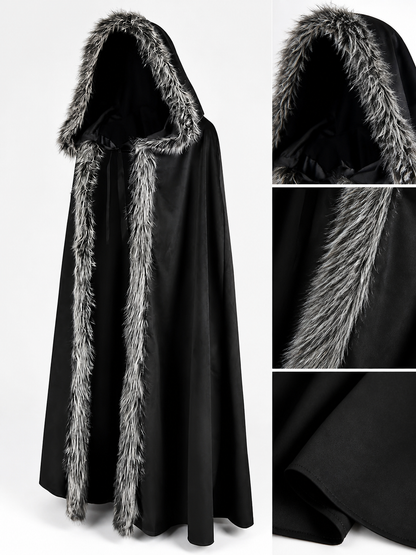 Black hooded costume cloak with fur trim