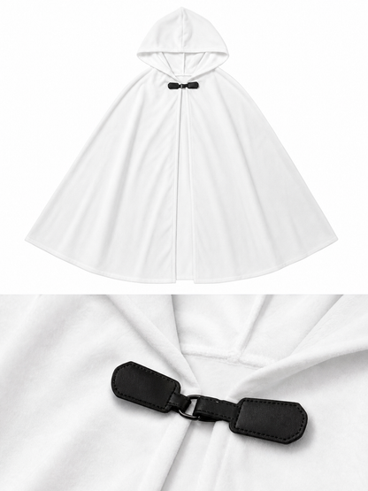 Medieval White Velvet Hooded Long Cloak Cape with Black Bow Tie Front Flared Hem fabric detail