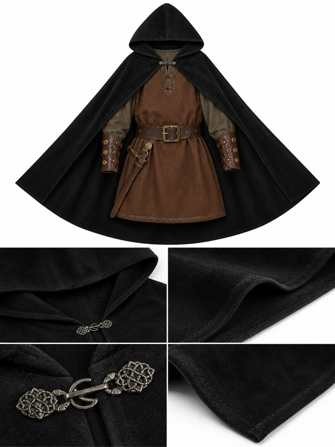 Black medieval hooded carnival cloak