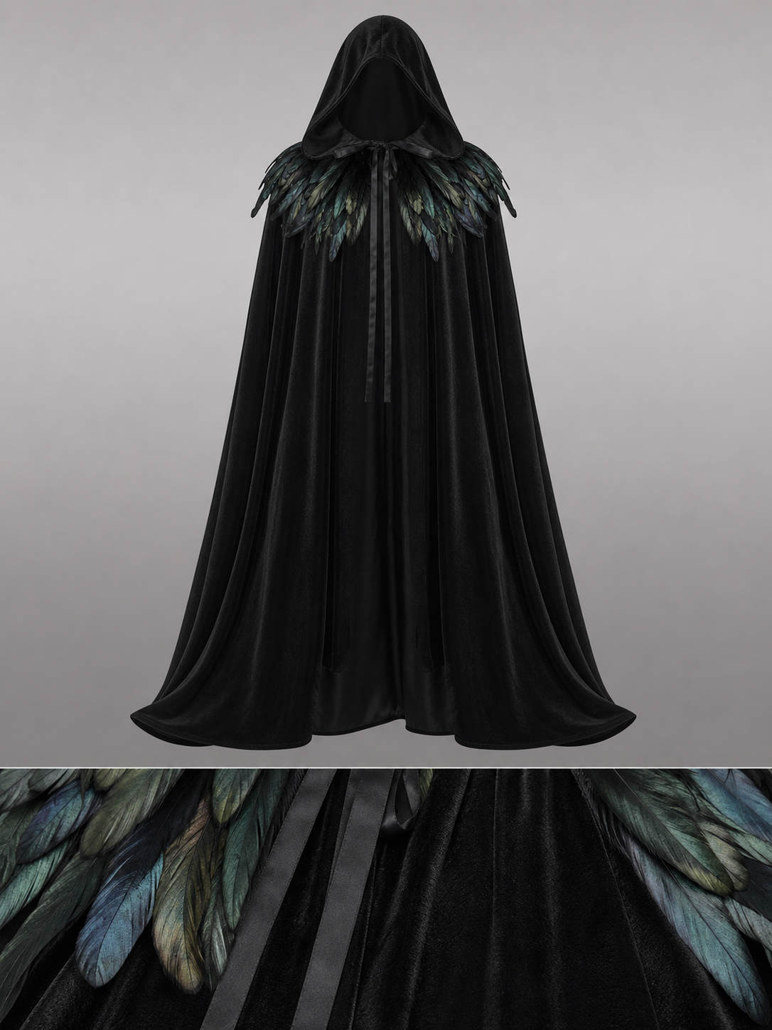 Black Velvet Hooded Cape with Feathers