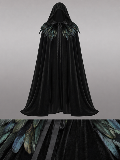 Black Velvet Hooded Cape with Feathers