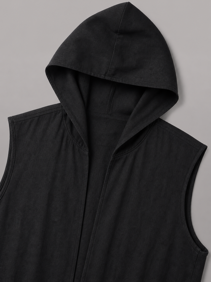 Long Sleeveless Hooded Vest, Black