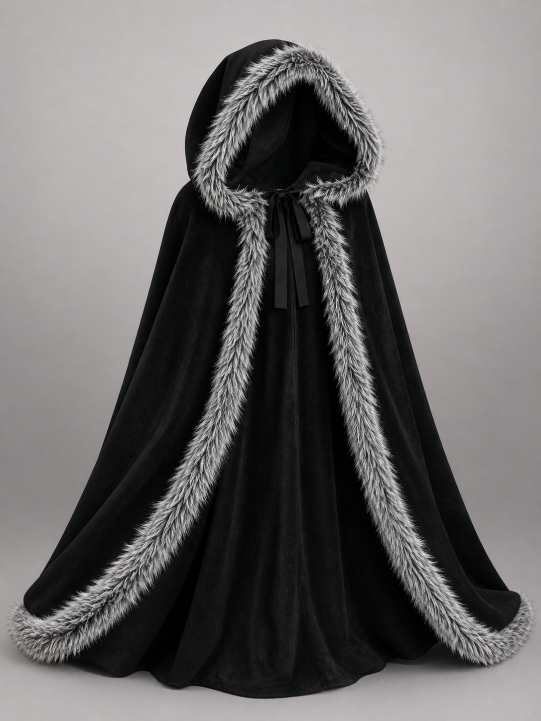 Black carnival cape with hood and shaggy trim