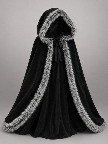 Black carnival cape with hood and shaggy trim