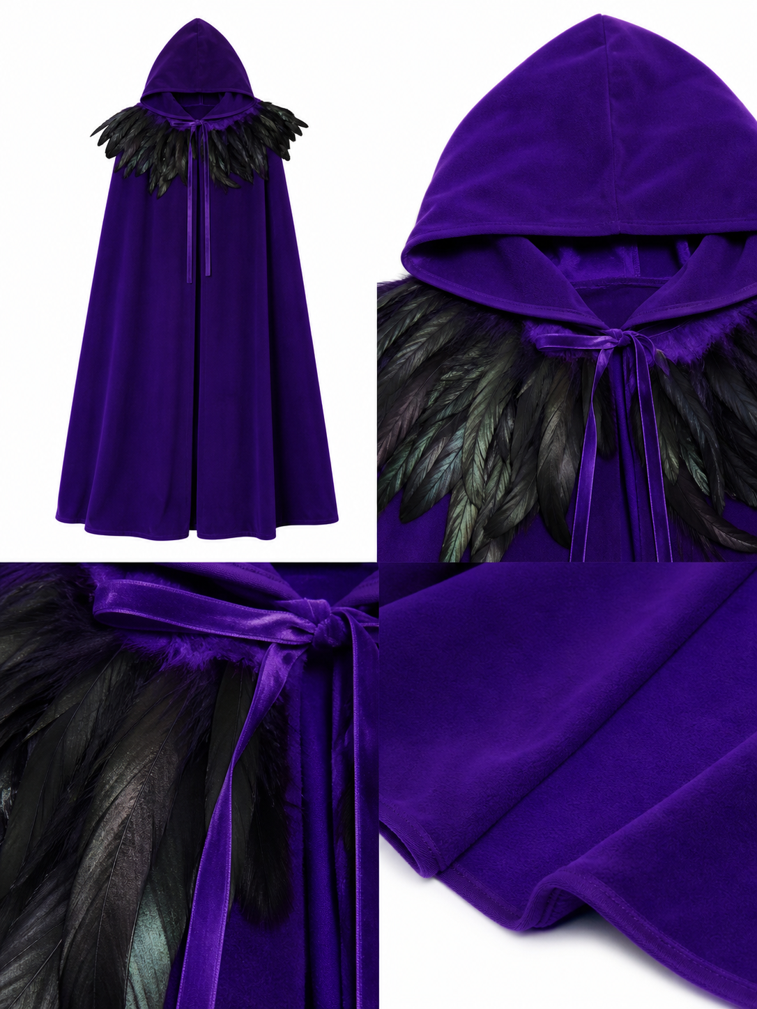 Purple Velvety Hooded Cape with Feathers