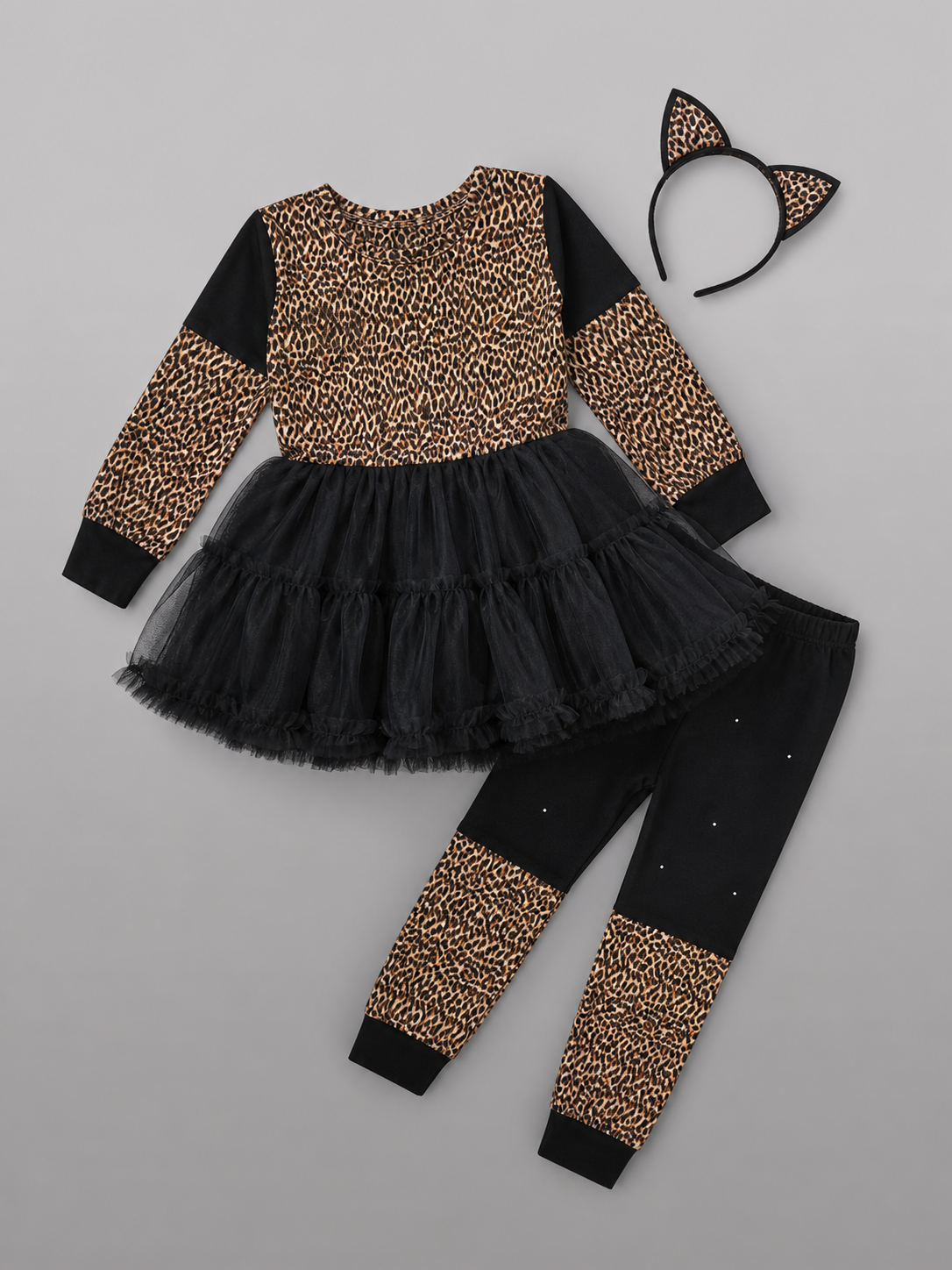 Leopard-Print Costume with Ears and Skirt