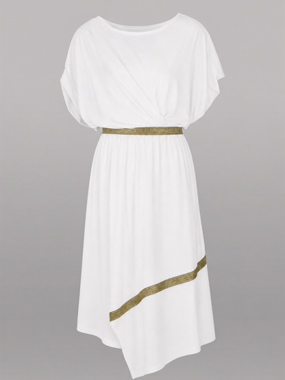 White draped toga robe with gold belt and diagonal gold hem trim, shown without a model