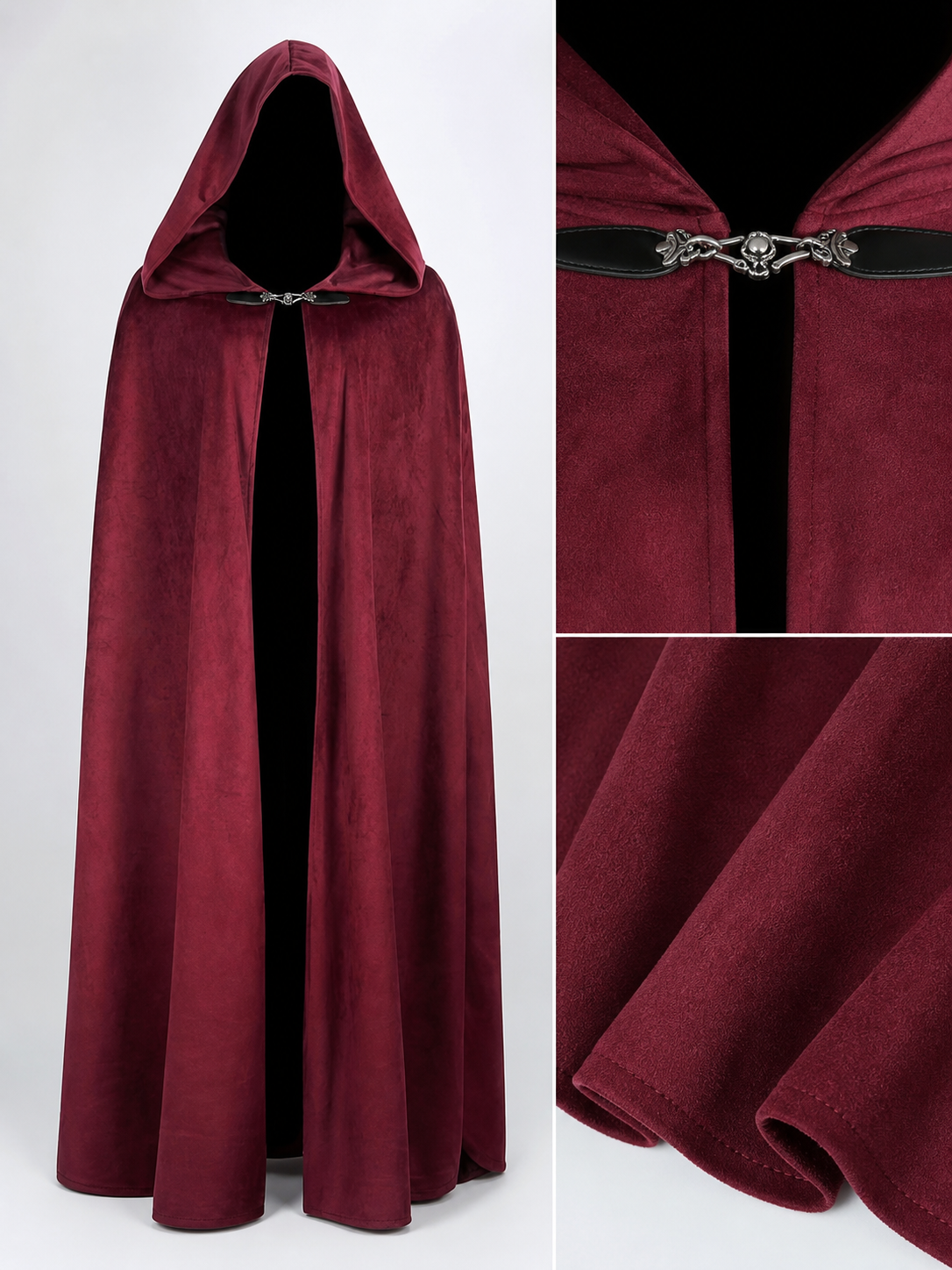 Long burgundy carnival cloak with hood
