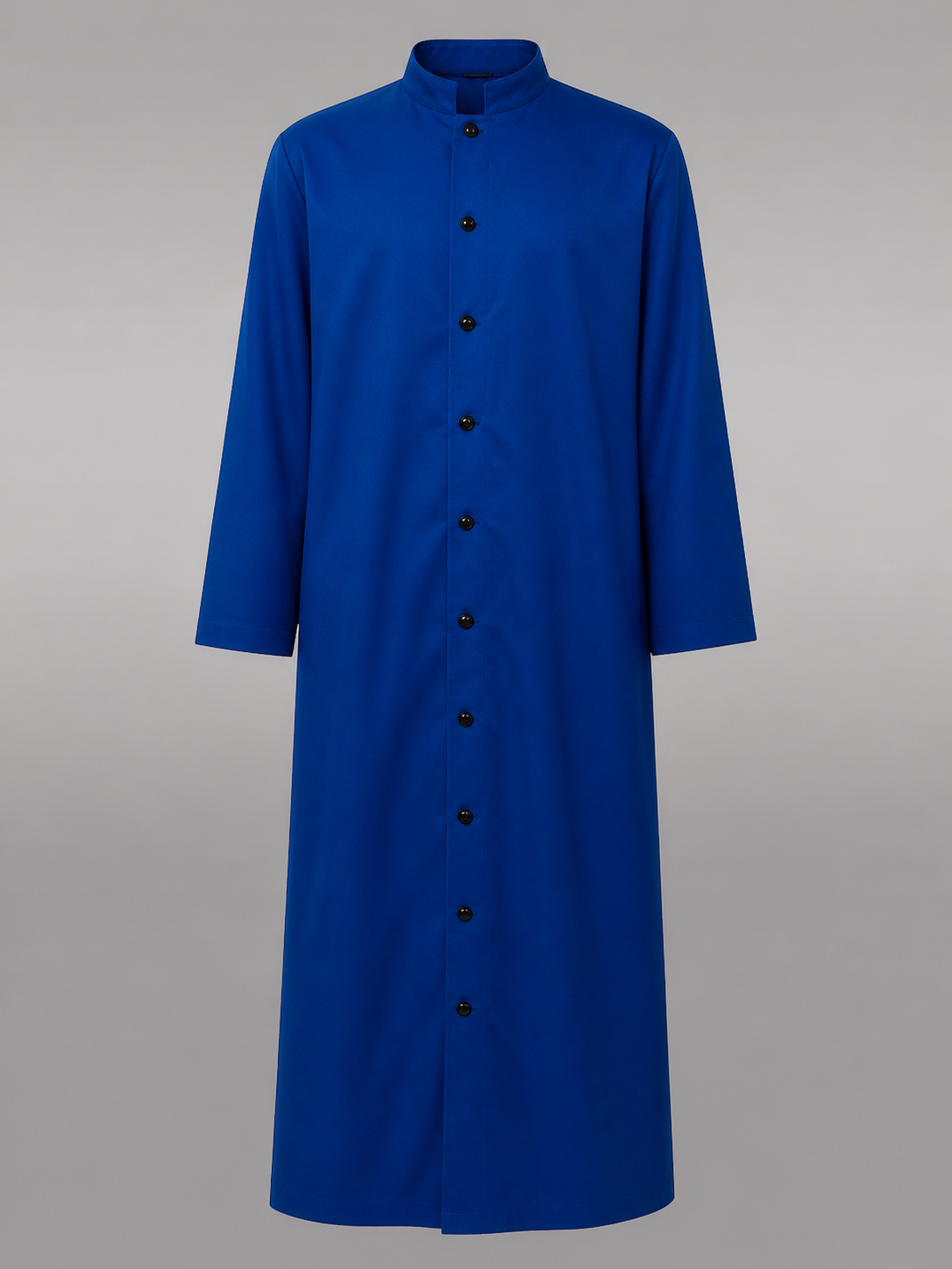 This is a long blue straight-cut robe with long sleeves, a high stand collar