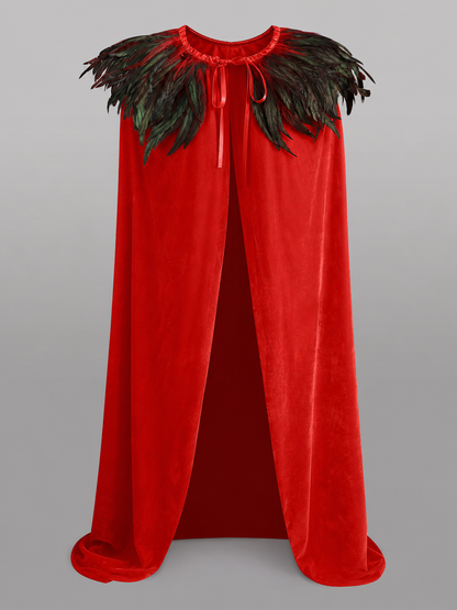 Red Velvet Cape with Feather Trim
