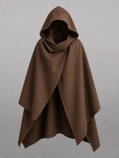 Medieval Fantasy Hooded Cloak, Deep Brown Long Draped Cape with Overlapping Front and Pointed Hem for Role Play, Stage Styling and Outdoor Wear