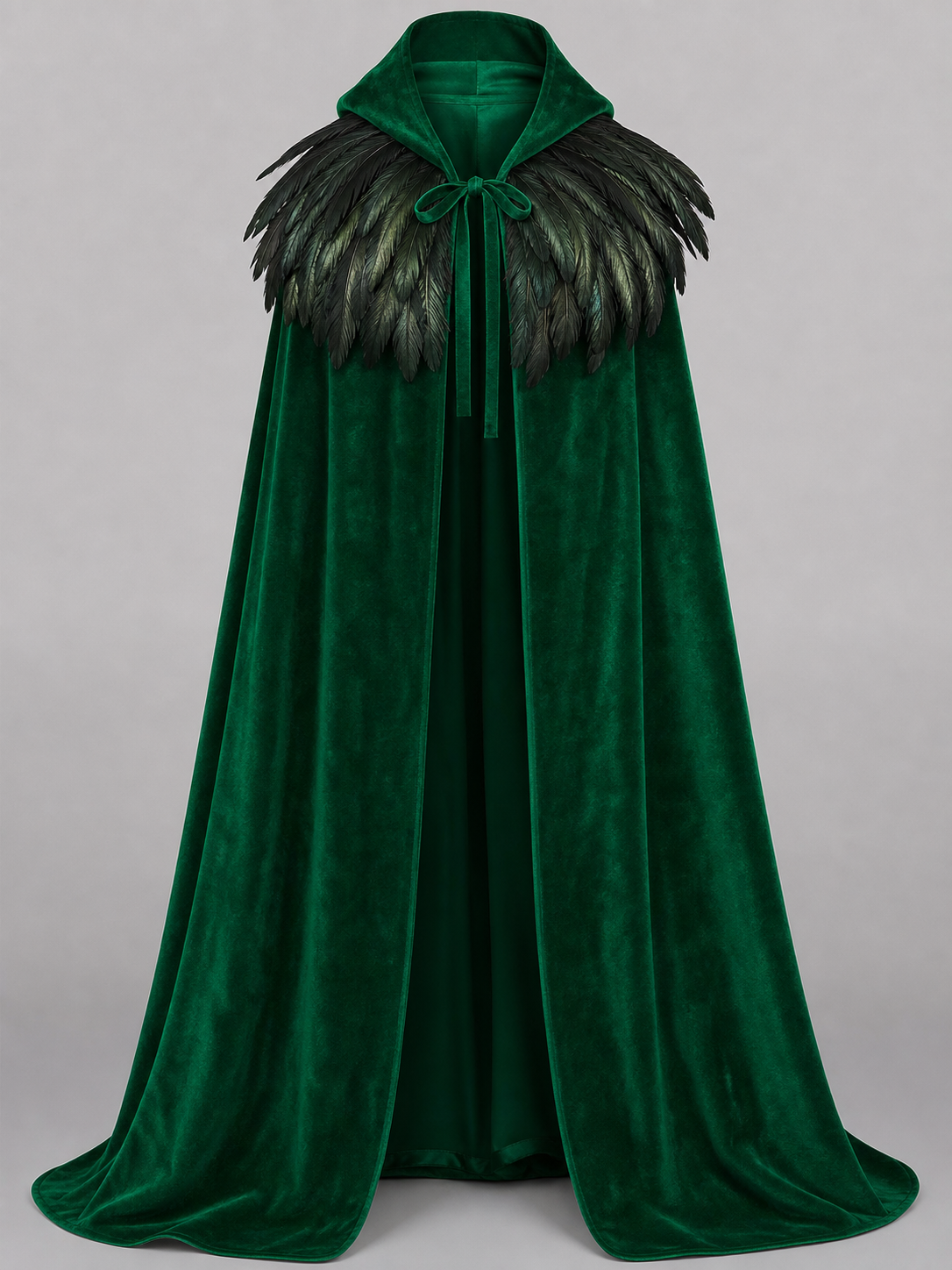 Green Hooded Velvet Feather Cape
