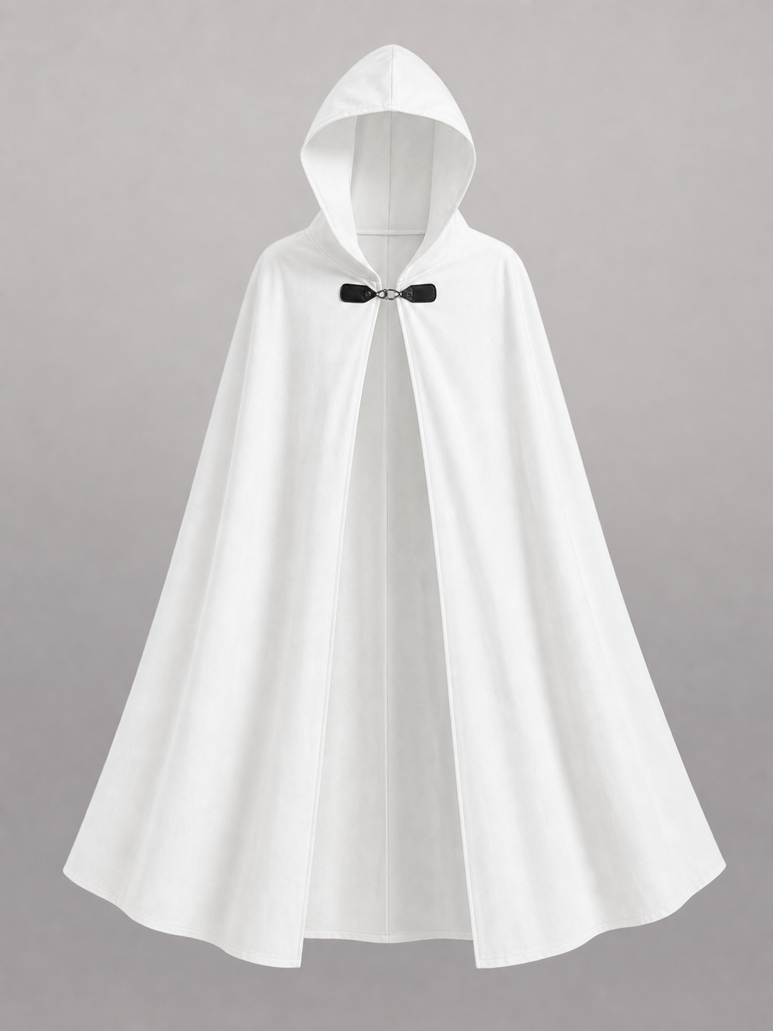 Medieval White Velvet Hooded Long Cloak Cape with Black Bow Tie Front Flared Hem fabric detail 2
