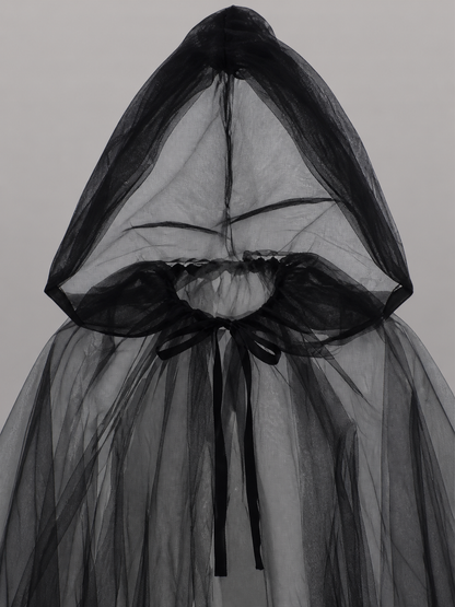 Black costume cloak with hood, layered mesh