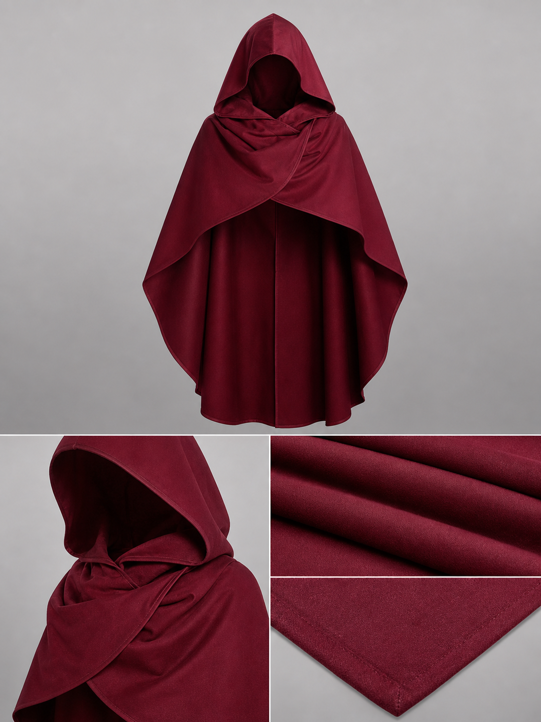 Medieval Hooded Cloak Wine Red Cape with Overlapping Front and Irregular Draped Hem for Cosplay, Theme Parties, Stage Performances and Fantasy Photography