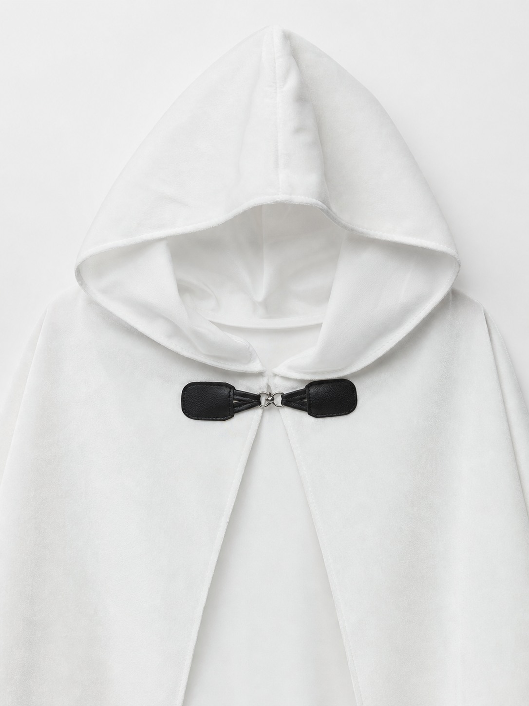 Medieval White Velvet Hooded Long Cloak Cape with Black Bow Tie Front Flared Hem fabric detail 3