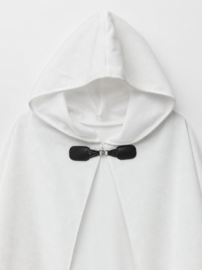 Medieval White Velvet Hooded Long Cloak Cape with Black Bow Tie Front Flared Hem fabric detail 3