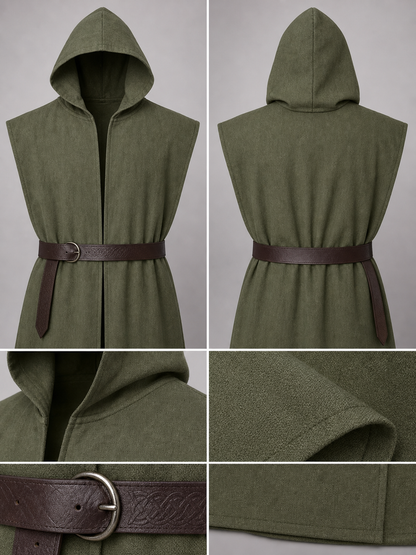 Medieval Fantasy Costume Sleeveless Hooded Long Vest, Open Front Design With Waist Belt For Cosplay And Costume Performances
