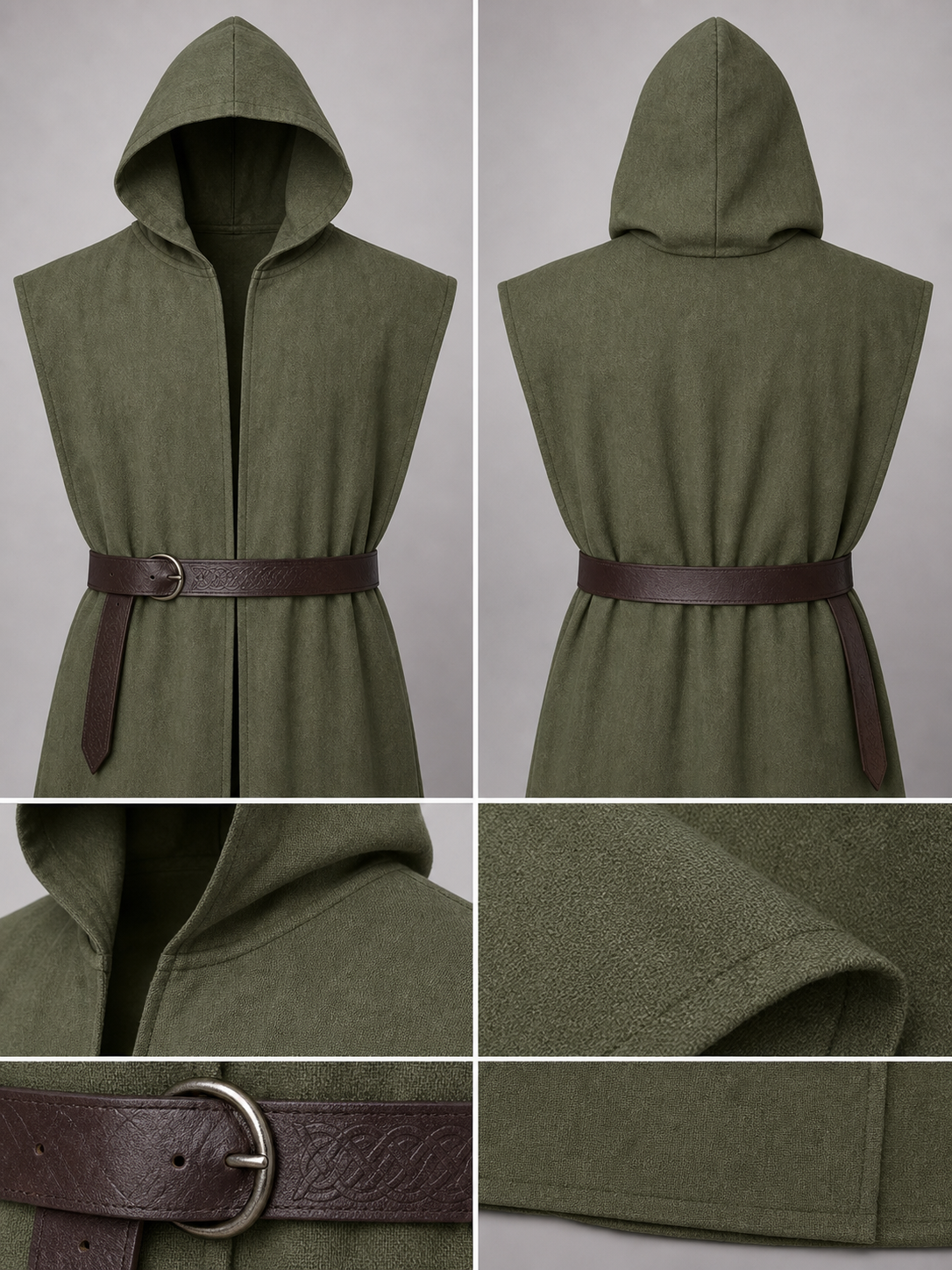 Medieval Fantasy Role Play Costume Set, 2-Piece Olive Green Hooded Sleeveless