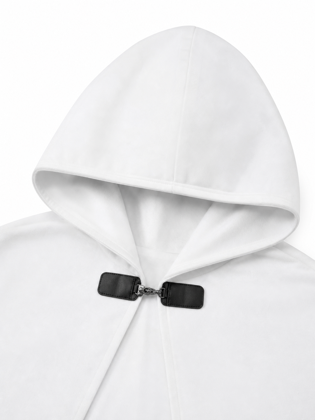 Medieval White Velvet Hooded Long Cloak Cape with Black Bow Tie Front Flared Hem fabric detail 4