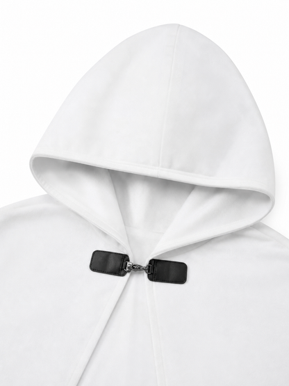 Medieval White Velvet Hooded Long Cloak Cape with Black Bow Tie Front Flared Hem fabric detail 4