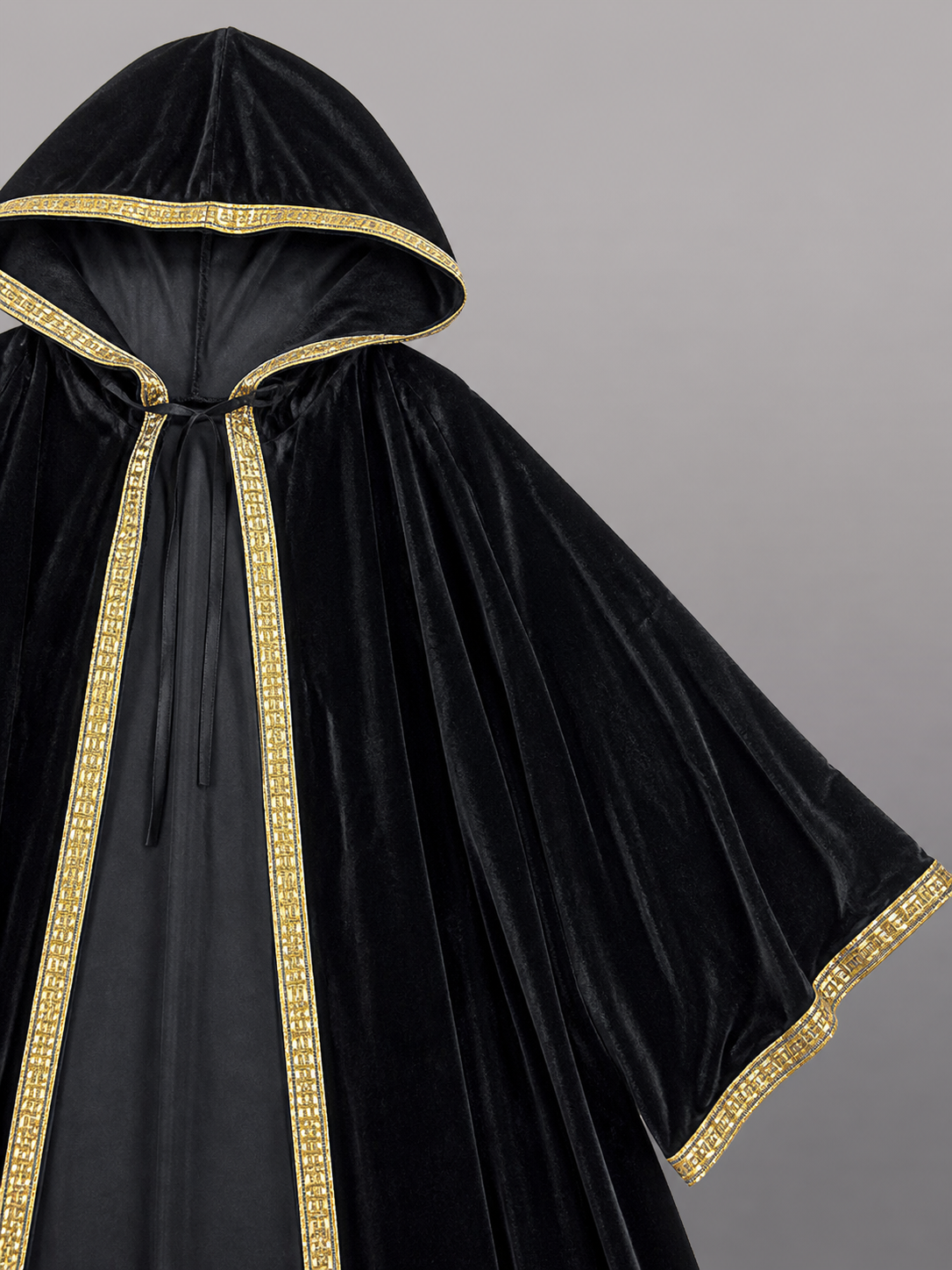 Black Hooded Carnival Cloak with Velvet Texture