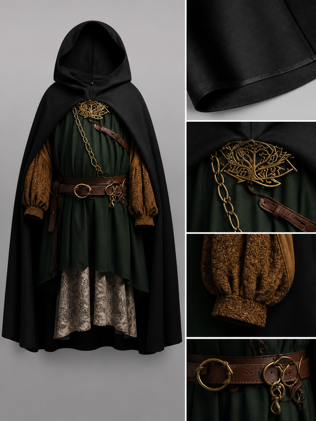 Medieval Black Hooded Costume Cloak fabric detail 2
