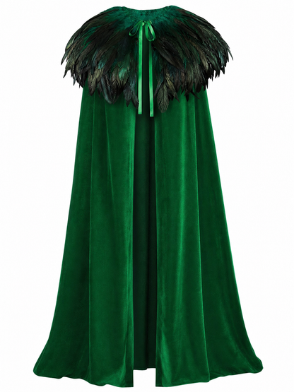 Green Carnival Cloak with Feather Trim