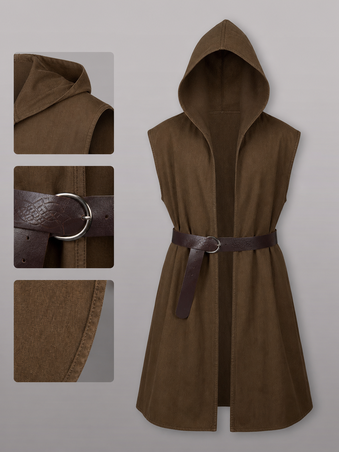Brown hooded cosplay vest with belt product view 17